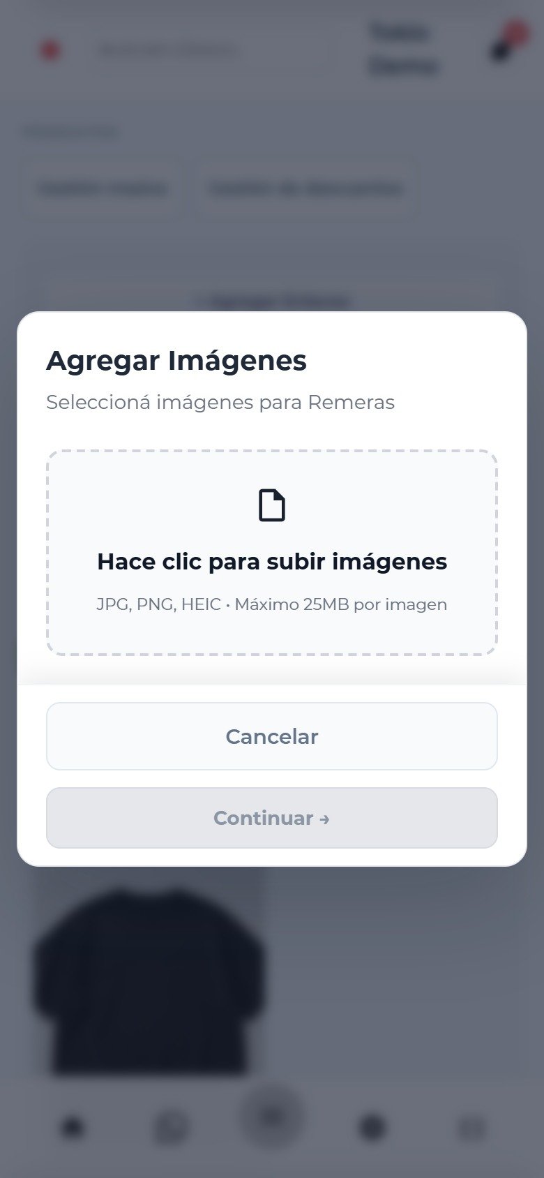 Propietario: selector actual para cargar imágenes en Remeras.