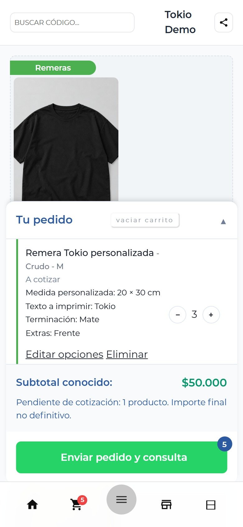 Cliente: carrito mixto de Tokio Demo, subtotal conocido $50.000 y tres Remera Tokio personalizadas pendientes de cotización.