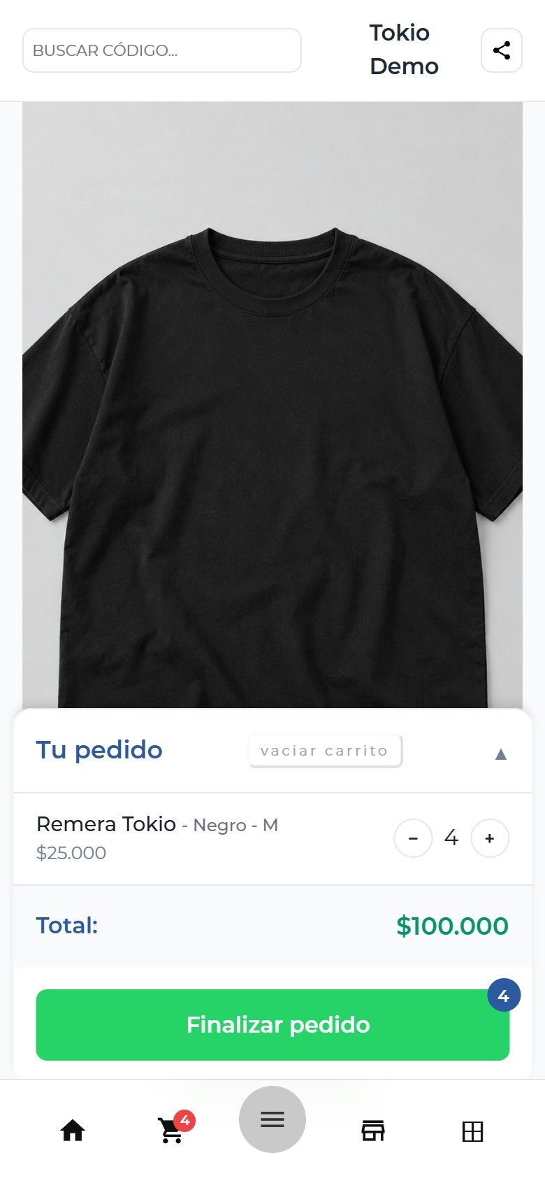 Carrito real de demostración: cuatro Remera Tokio, de $25.000 cada una, total $100.000.