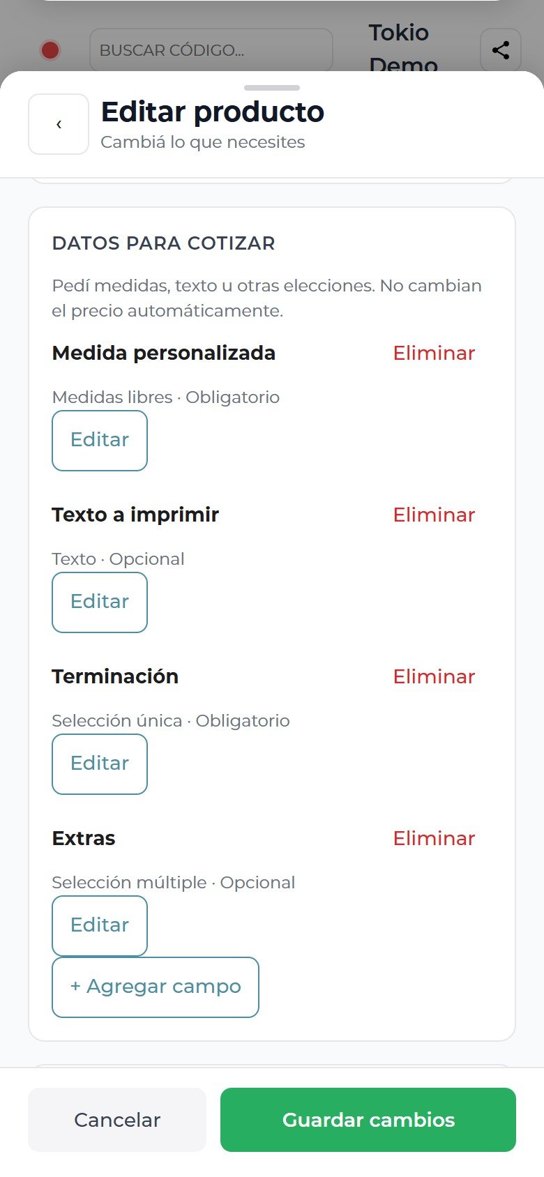 Propietario: editor de Remera Tokio personalizada, con Medida personalizada y Terminación obligatorias, y campos opcionales.