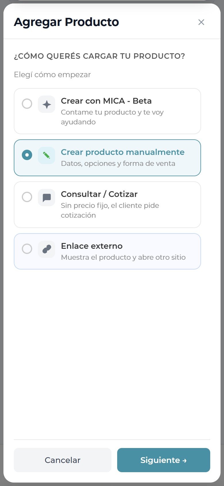Propietario: entrada actual para crear un producto manualmente o con MICA.