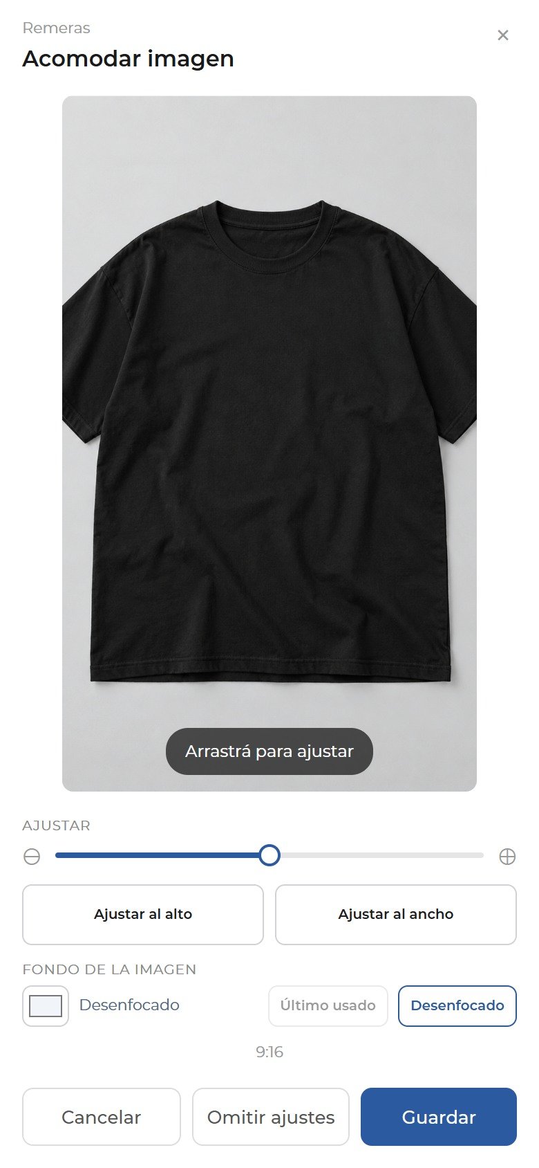 Propietario: ajuste actual de la remera con controles de alto, ancho y fondo.