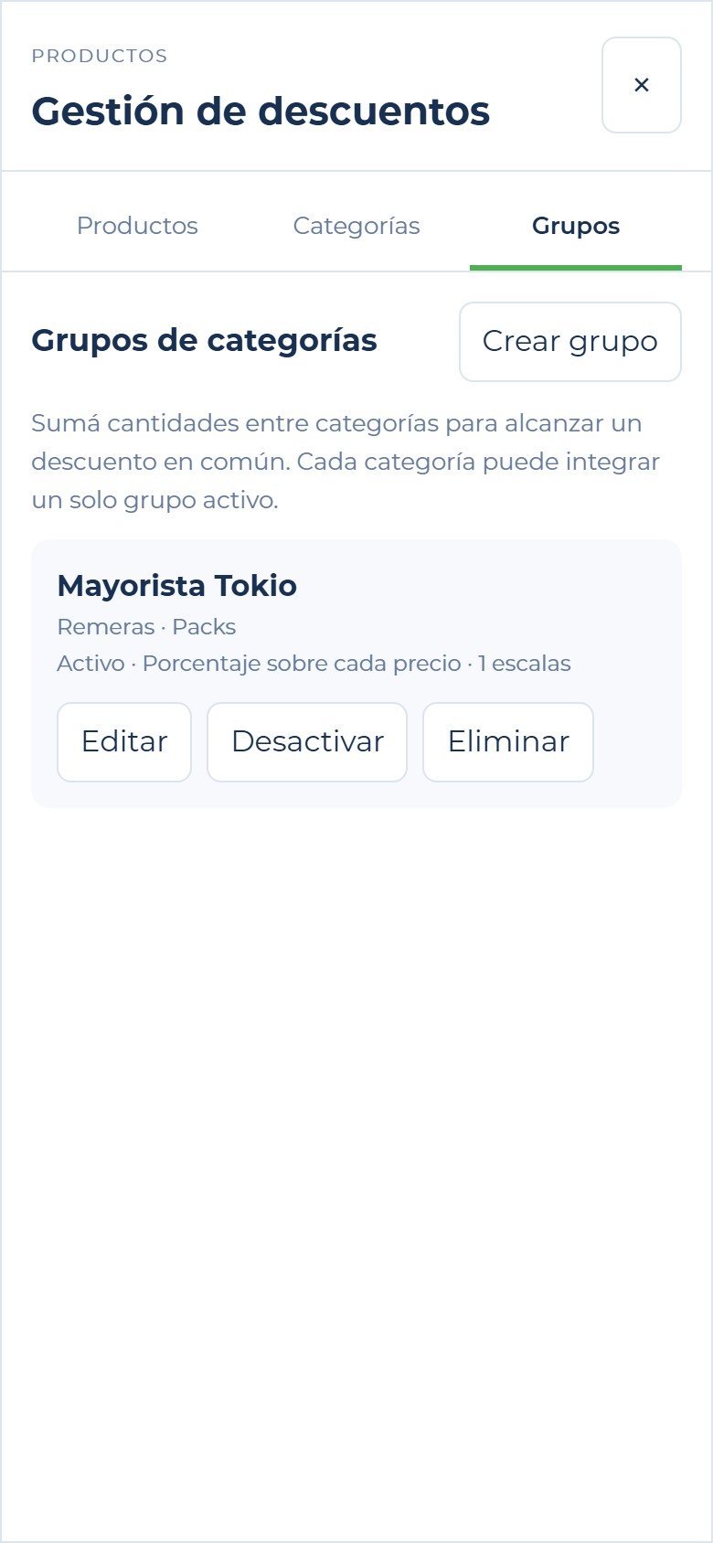 Propietario: grupo Mayorista Tokio, con una escala de ejemplo desde seis unidades.
