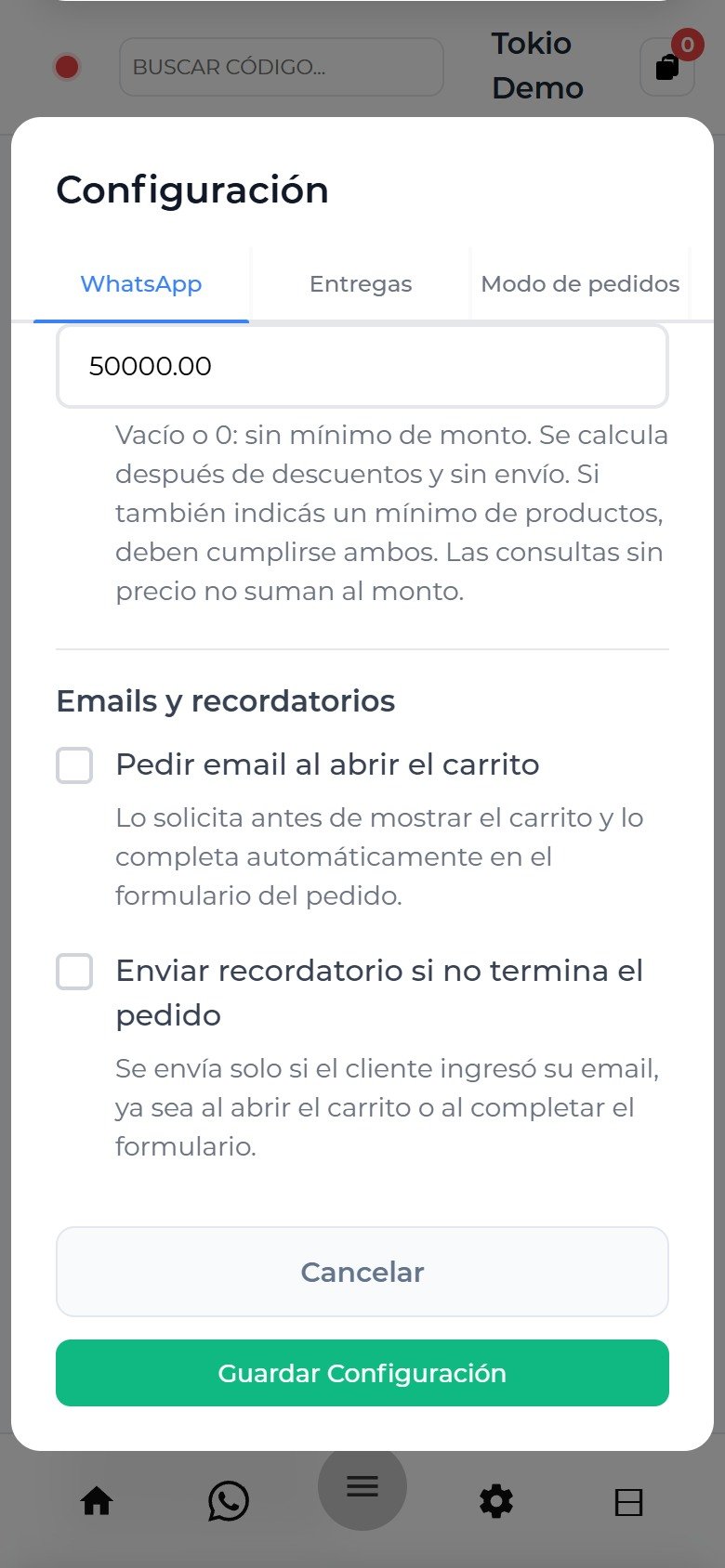 Propietario: ejemplo de dos productos y $50.000 como mínimos de compra.