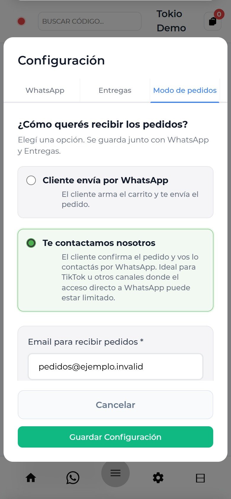 Propietario: las dos alternativas reales del modo de pedidos.