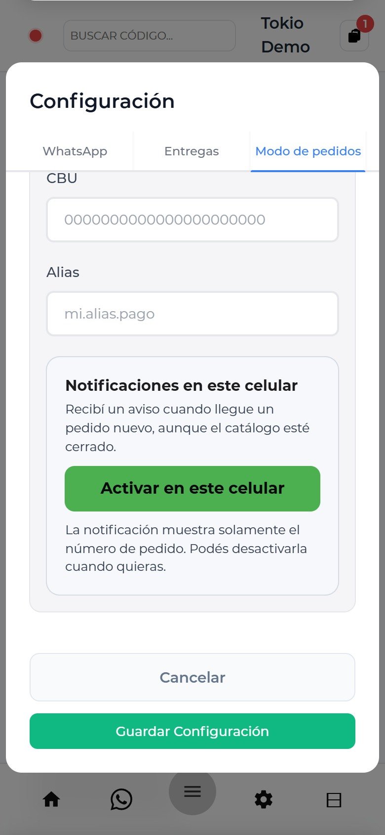 Propietario: control de notificaciones del dispositivo, sin simular un aviso recibido.