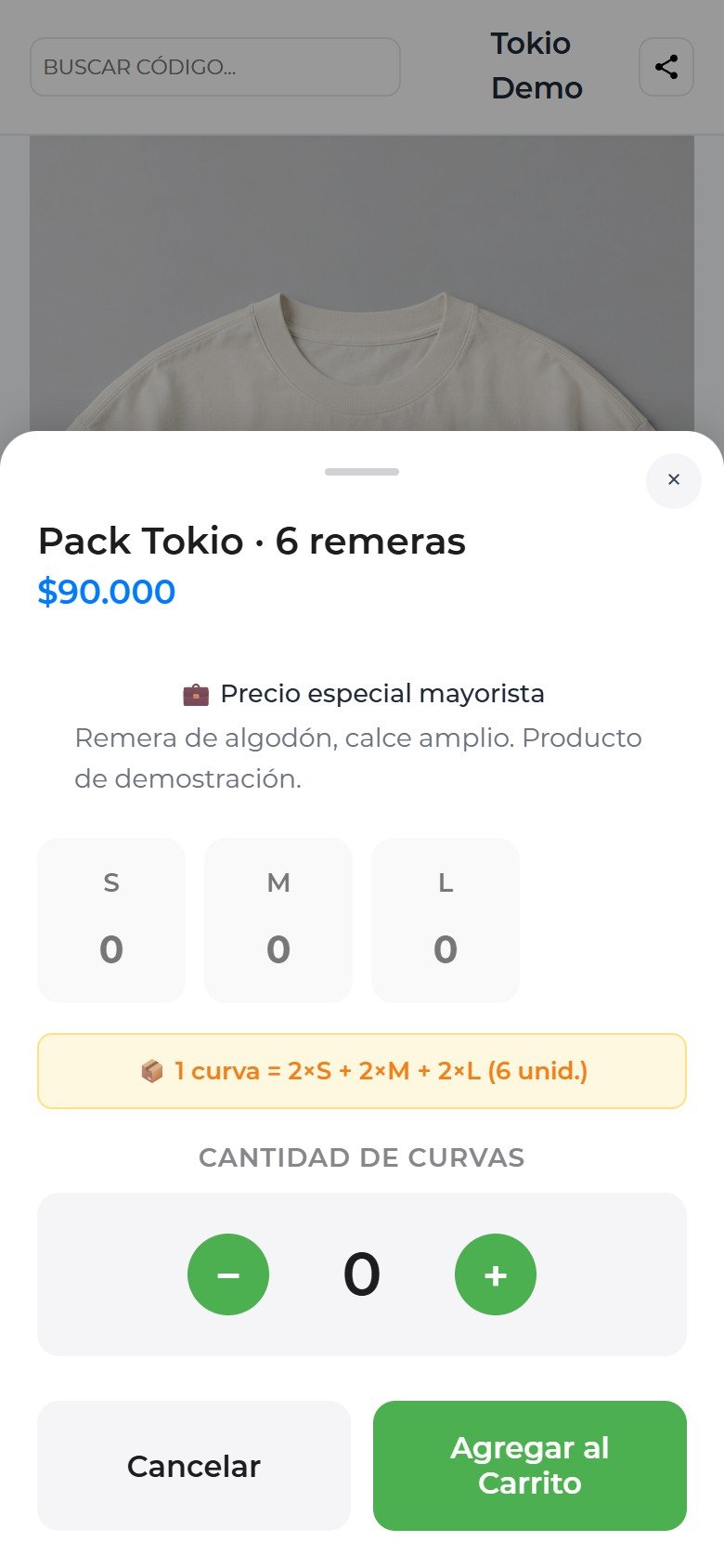 Pack Tokio de demostración: curva de seis remeras, dos S, dos M y dos L.