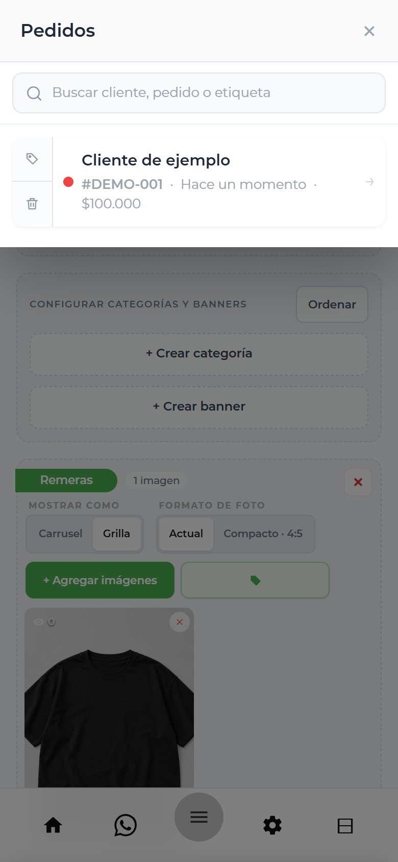 Panel real de Pedidos del propietario: pedido sintético DEMO-001 del cliente de ejemplo.