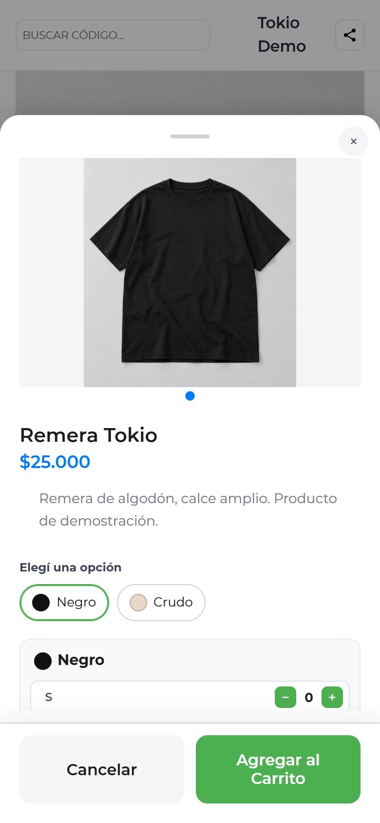 Vista cliente de Remera Tokio: foto, precio y opciones reales de la tienda de demostración.